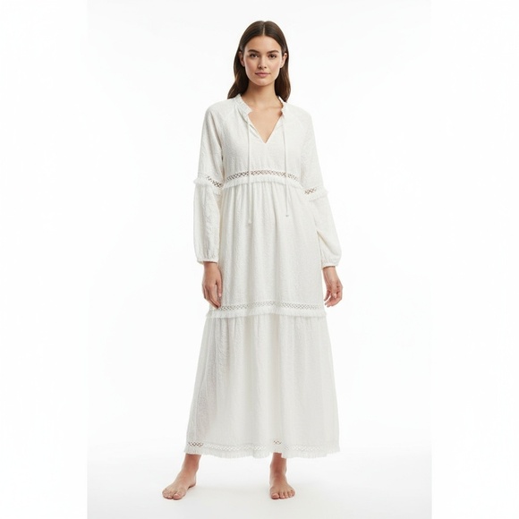 Line and Dot Maxi Dress Womens Size S White Tiered Fringe Bohemian Chic EUC - Picture 1 of 12